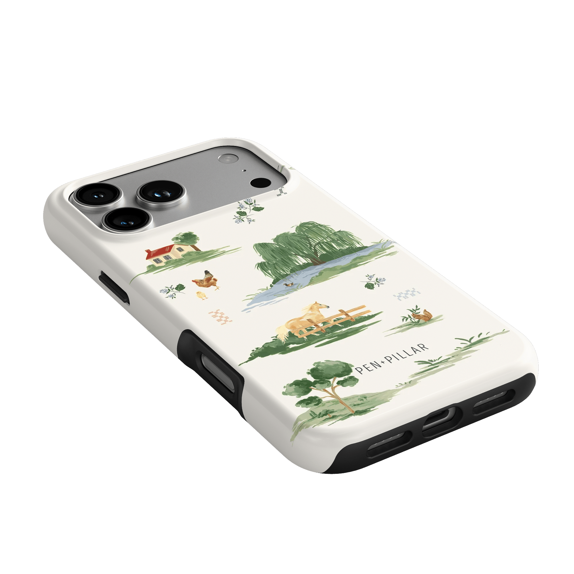 Willow iPhone case featuring a nature-themed design with illustrations of animals and landscapes on a white background.