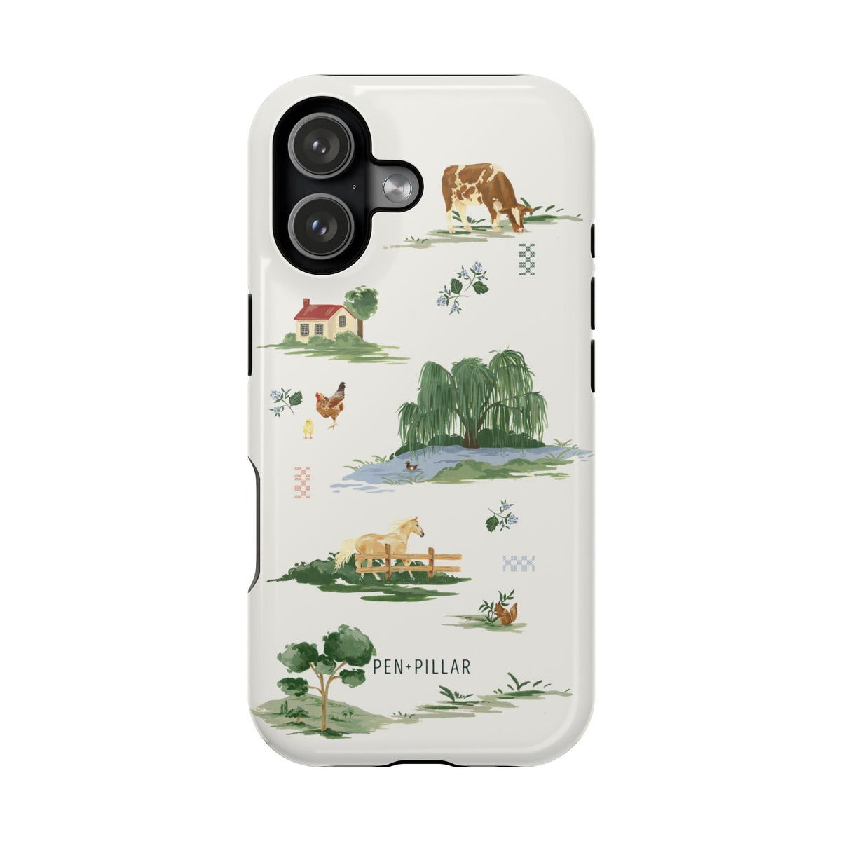 Willow iPhone case featuring a farm scene with animals, trees, and a house in soft pastel colors.