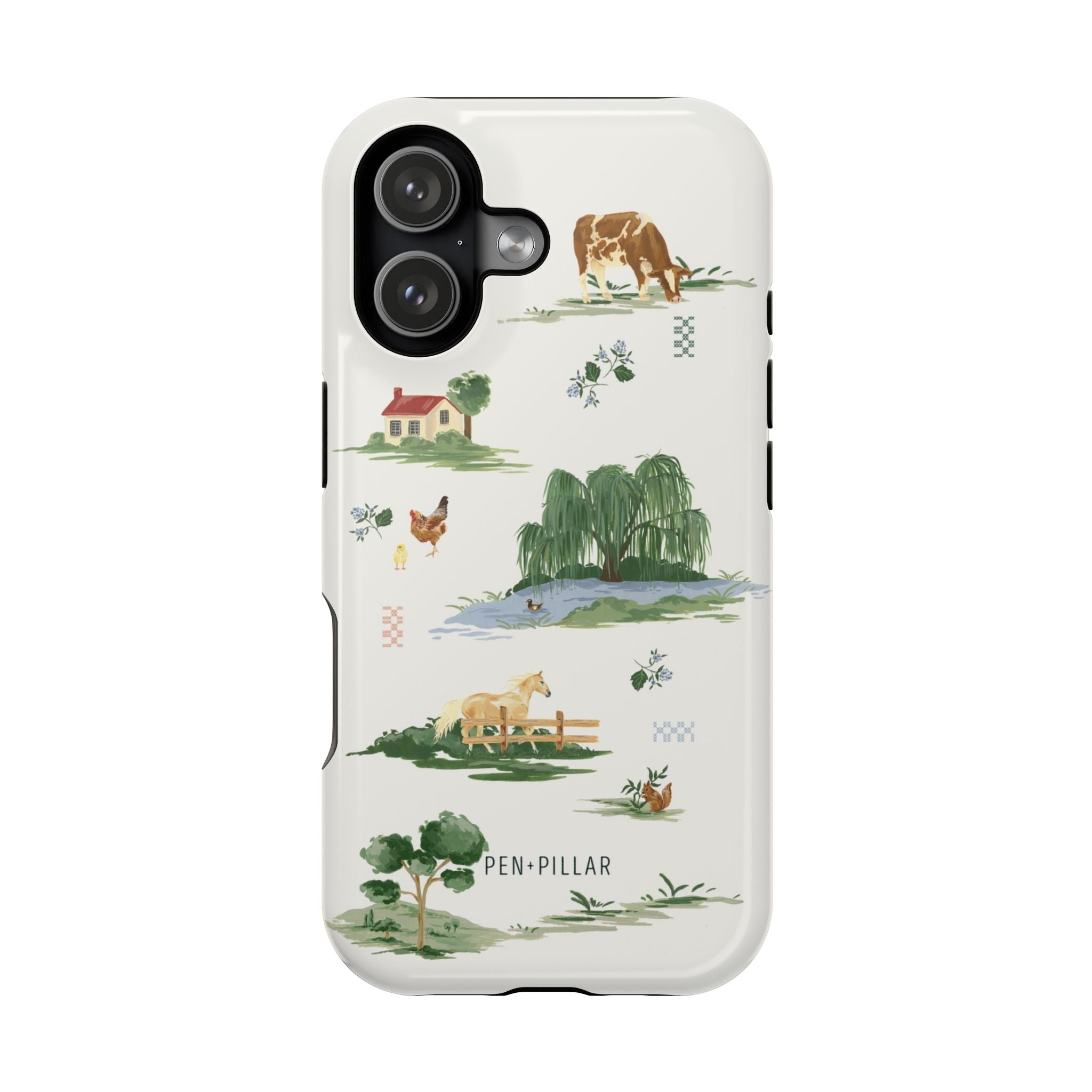 Willow iPhone case featuring a farm scene with animals, trees, and a house in soft pastel colors.