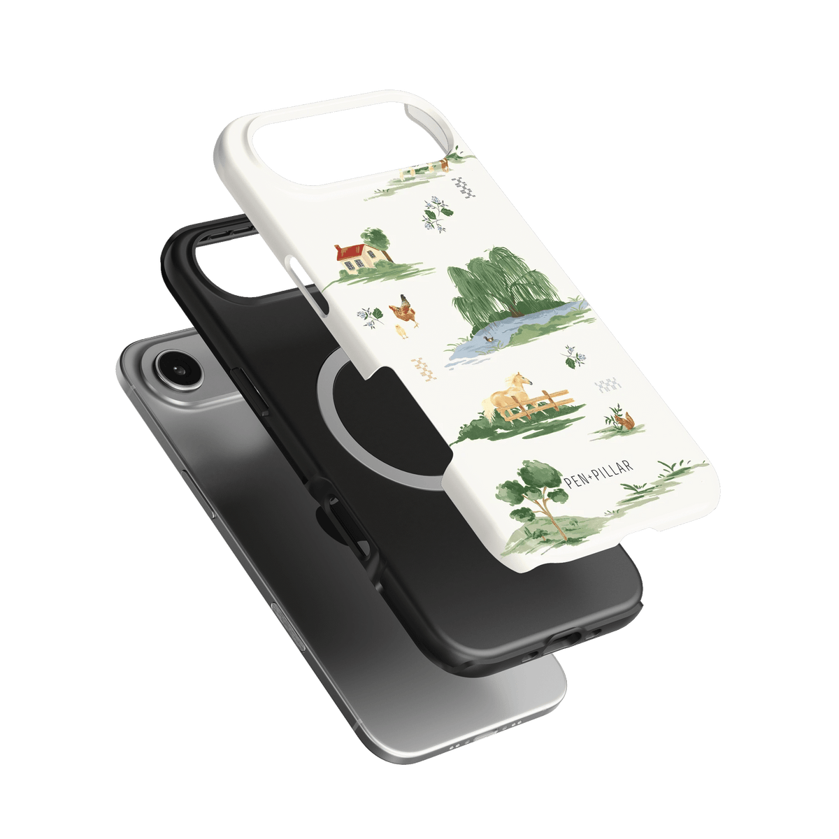 Willow iPhone case featuring a white background with green and brown illustrations of nature and animals.