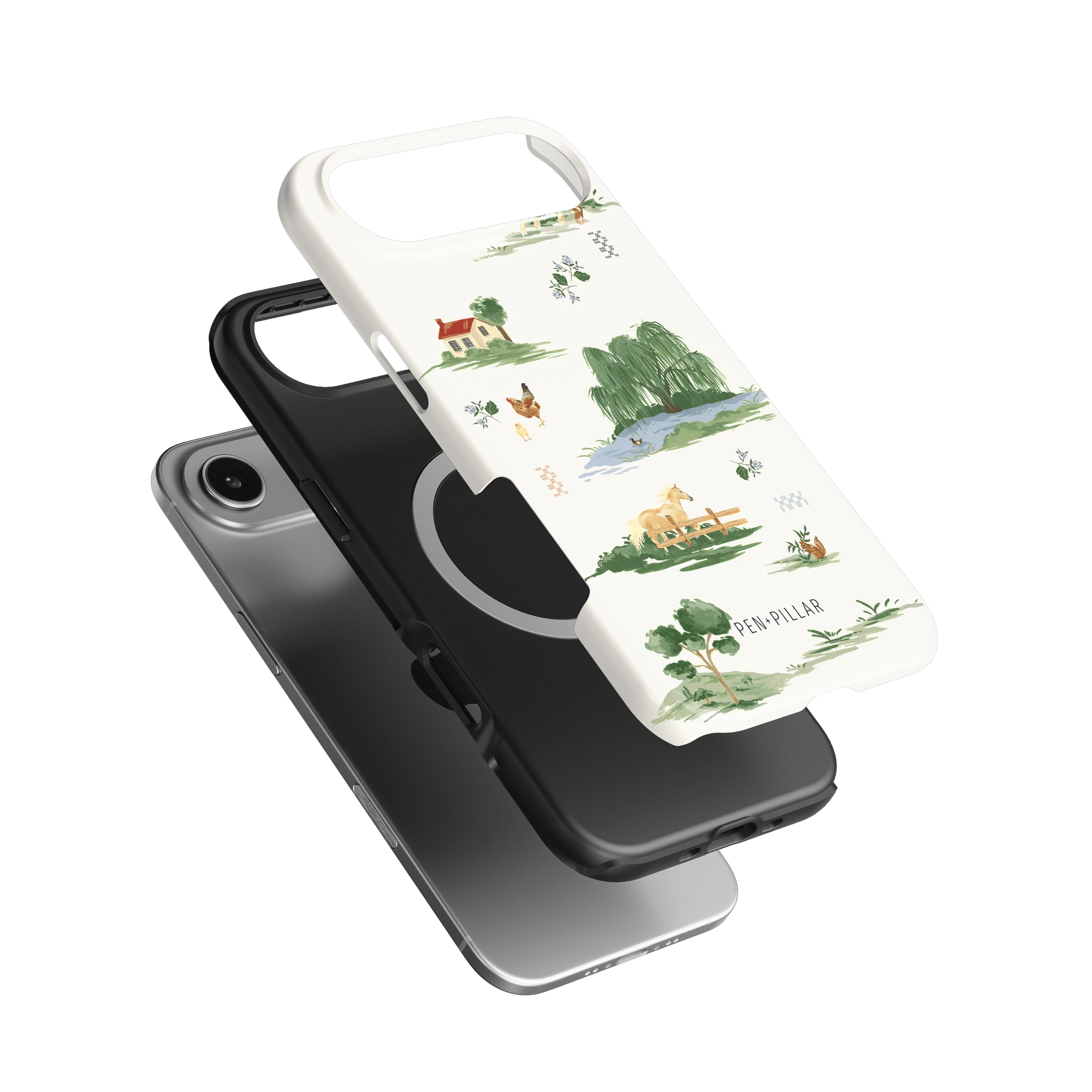 Willow iPhone case featuring a white background with green and brown illustrations of nature and animals.