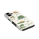 Willow iPhone case featuring a nature-themed design with animals and landscapes in green and beige tones.