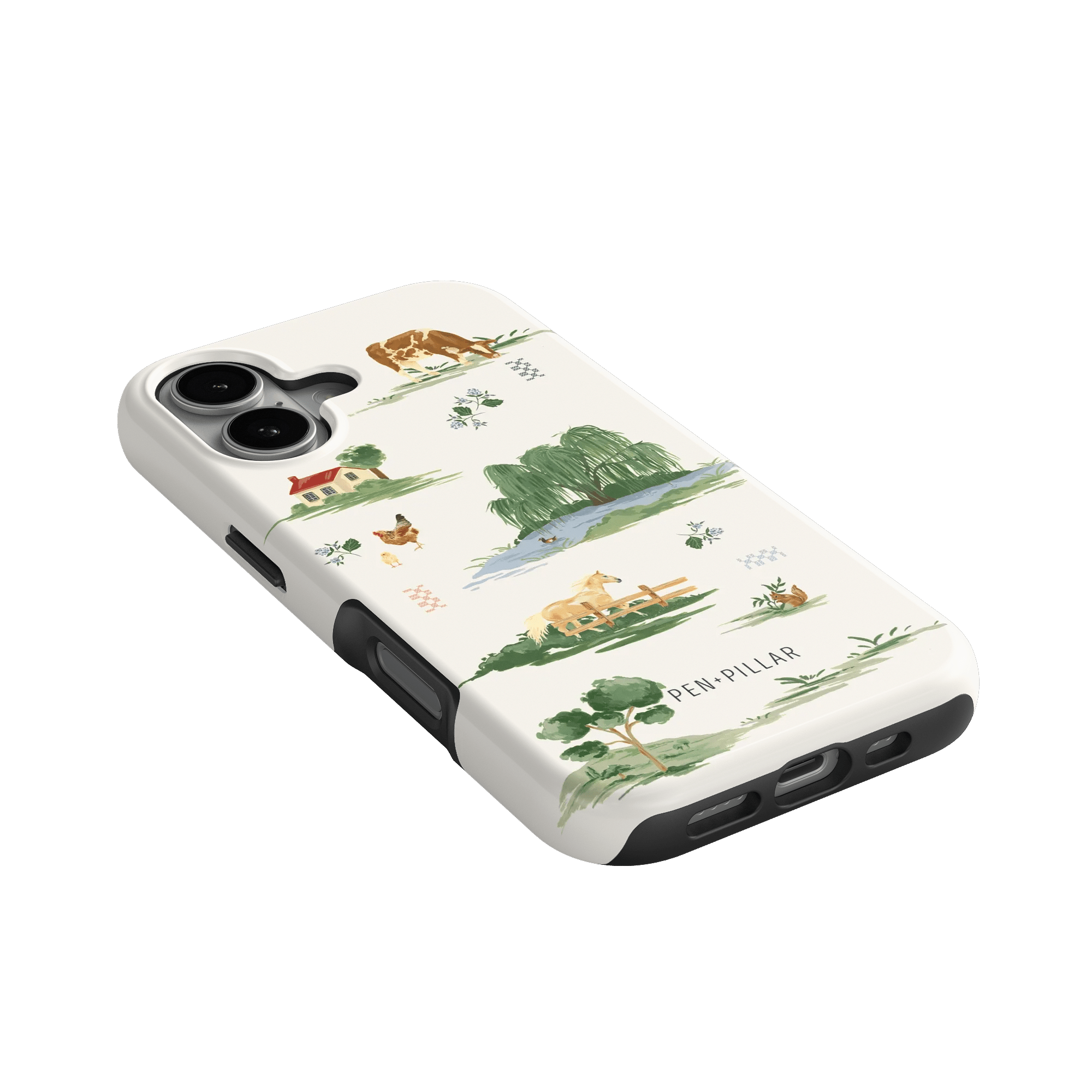 Willow iPhone case featuring a nature-themed design with animals and landscapes in green and beige tones.