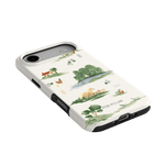 Willow iPhone case featuring a nature-inspired design with trees, animals, and a scenic landscape in soft colors.
