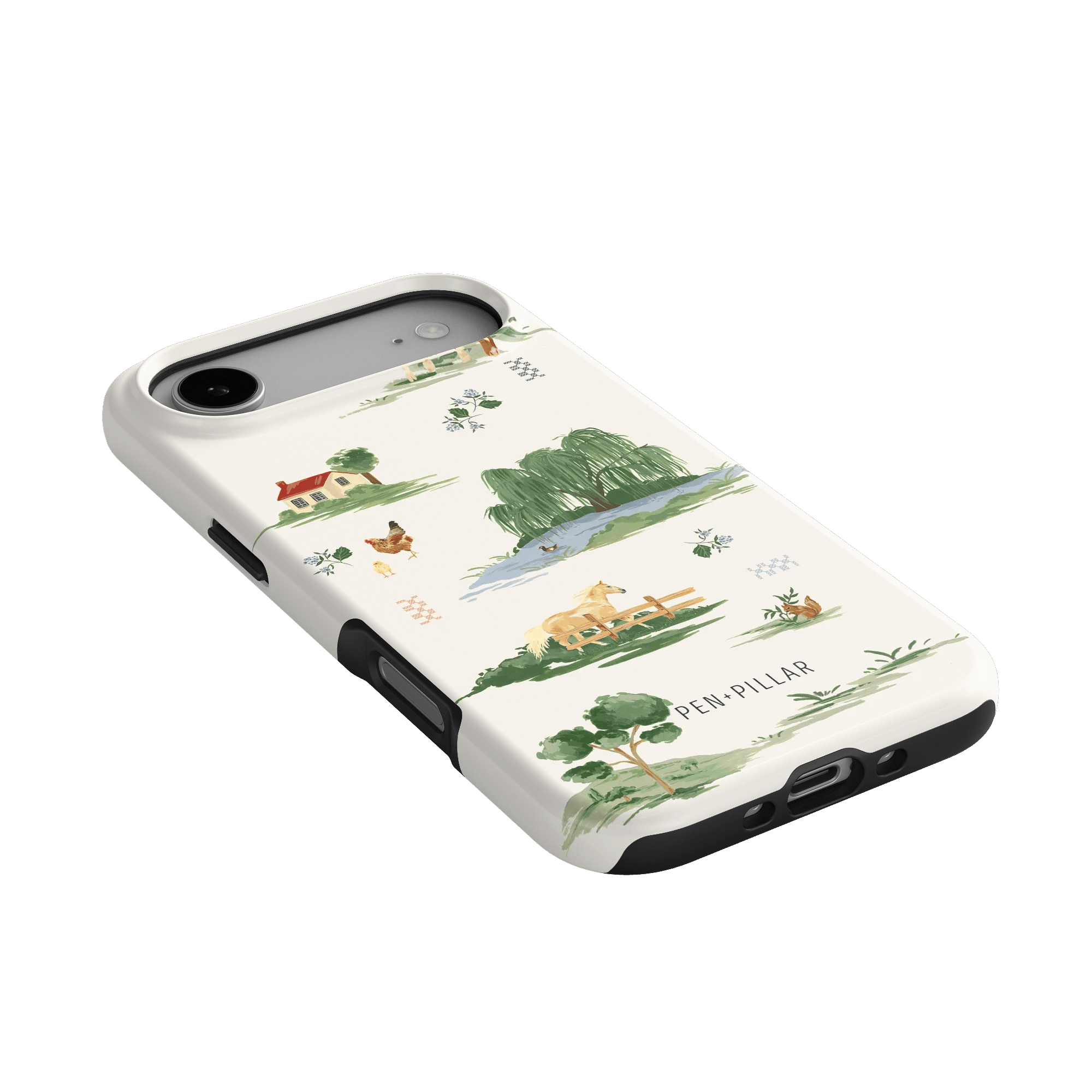 Willow iPhone case featuring a nature-inspired design with trees, animals, and a scenic landscape in soft colors.