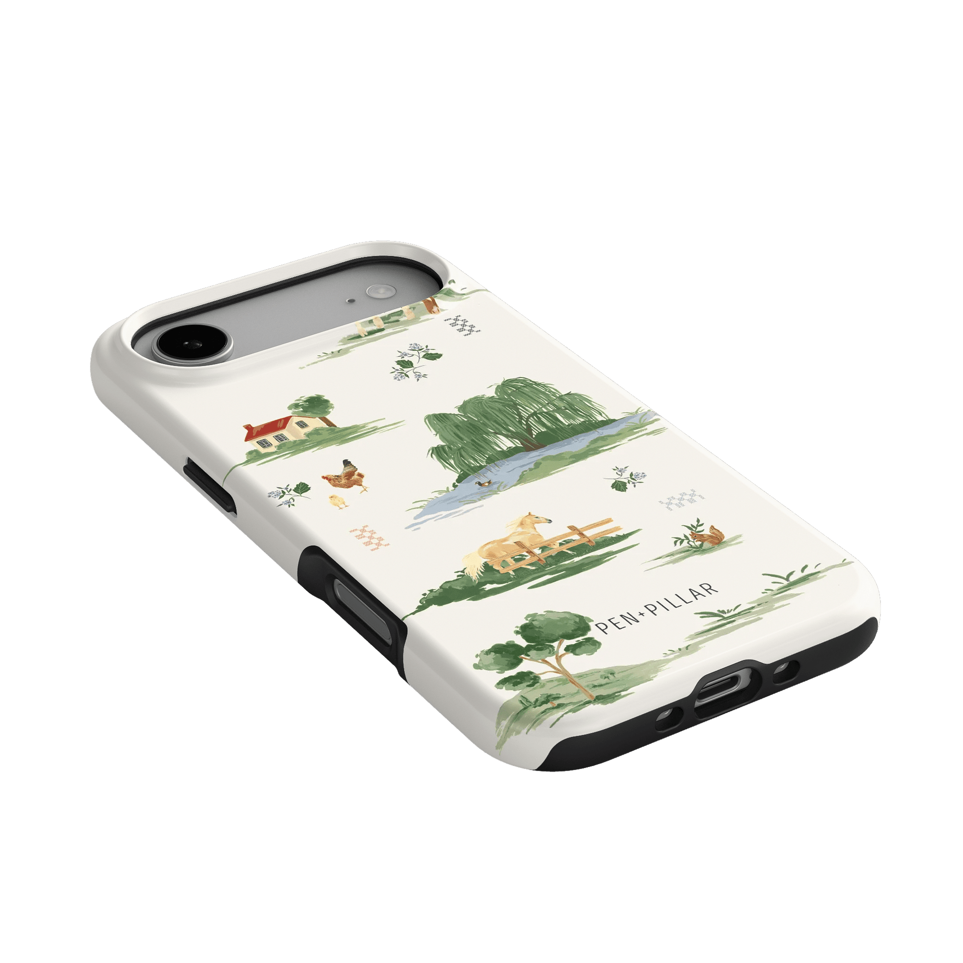 Willow iPhone case featuring a nature-inspired design with trees, animals, and a scenic landscape in soft colors.