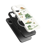 Willow iPhone case featuring a white background with illustrated nature scenes and animals, shown from multiple angles.