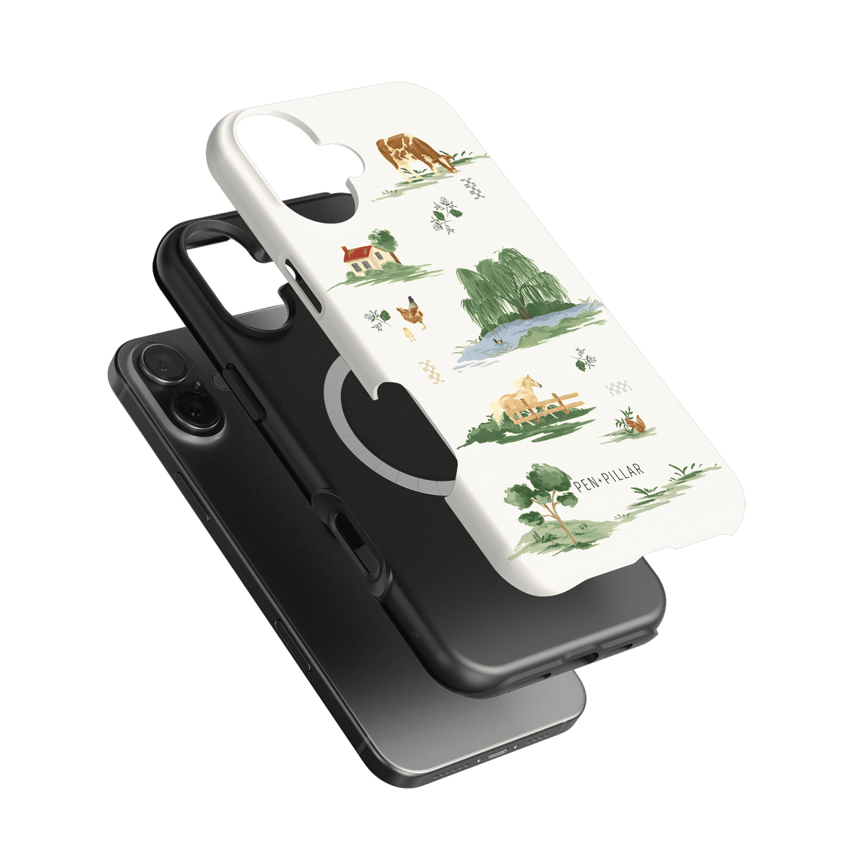 Willow iPhone case featuring a white background with illustrated nature scenes and animals, shown from multiple angles.
