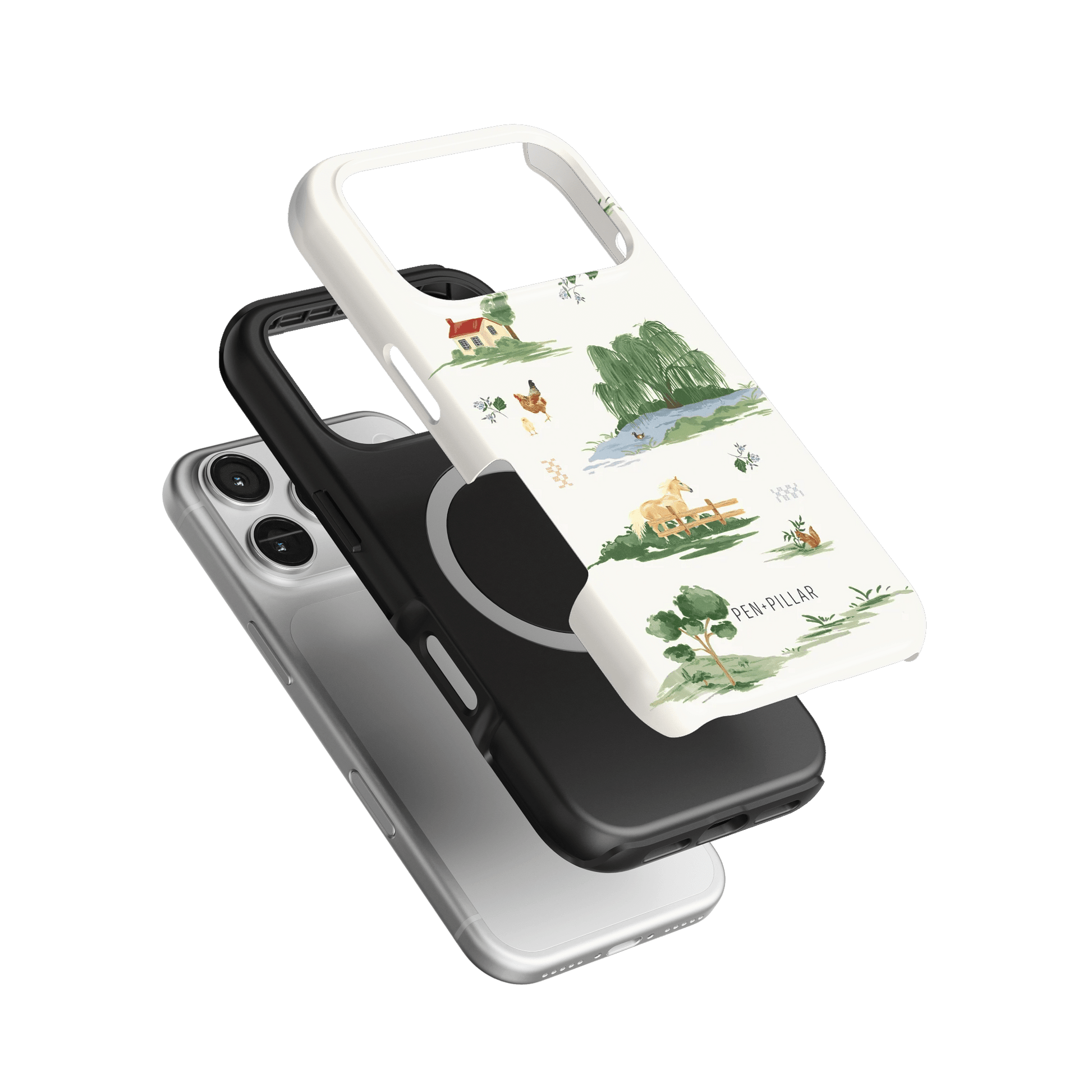 Willow iPhone case featuring a scenic design with nature illustrations in green and brown on a white background.