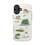 Willow iPhone case featuring a countryside scene with animals, trees, and a house in soft colors on a light background.