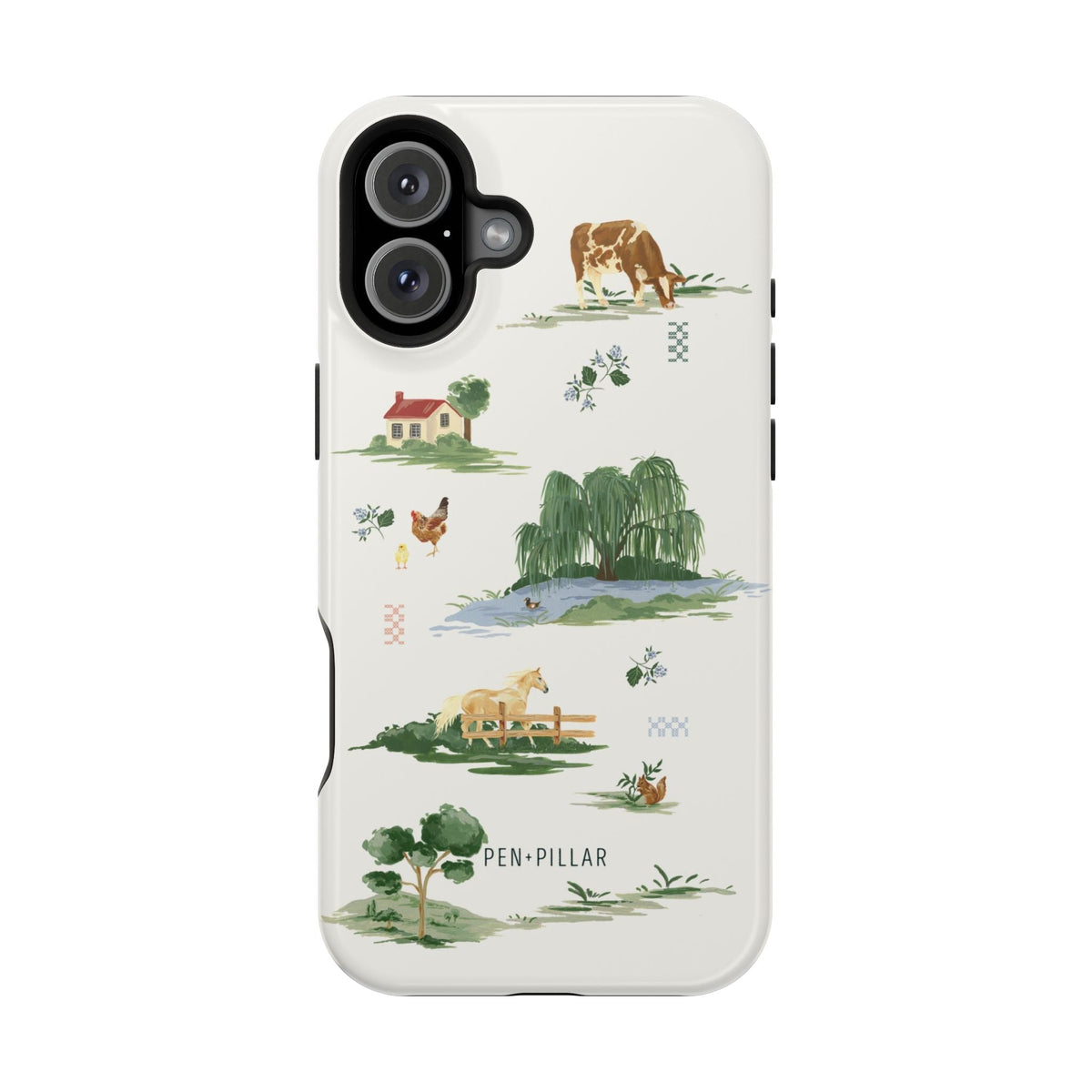 Willow iPhone case featuring a countryside scene with animals, trees, and a house in soft colors on a light background.
