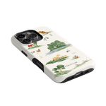 Willow iPhone case with nature illustrations in green and brown on a white background and a black edge.