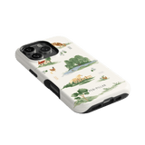 Willow iPhone case with nature illustrations in green and brown on a white background and a black edge.