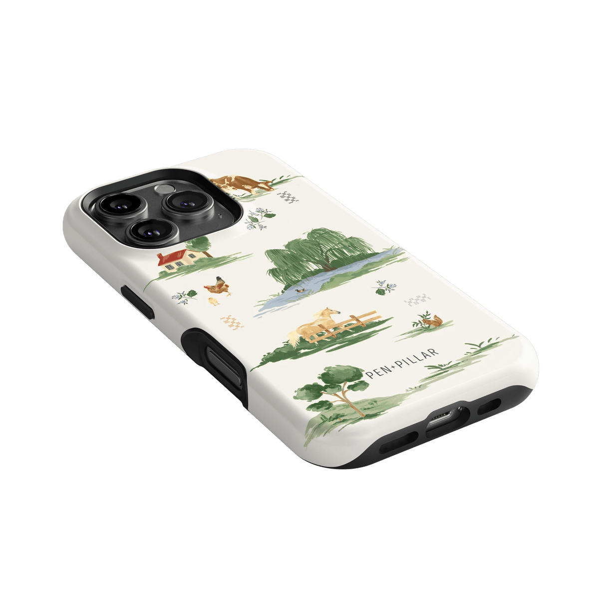 Willow iPhone case with nature illustrations in green and brown on a white background and a black edge.