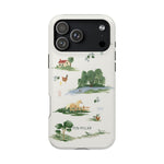 Willow iPhone case featuring a scenic design with a house, trees, and animals on a light background.
