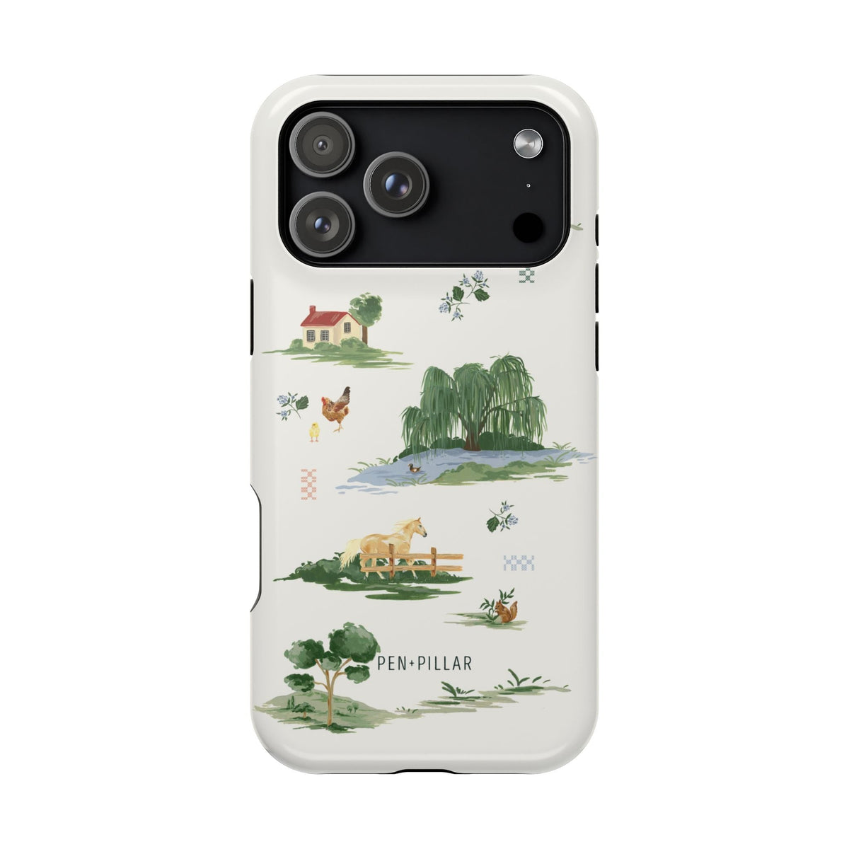 Willow iPhone case featuring a scenic design with a house, trees, and animals on a light background.