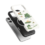 Willow iPhone case featuring a white design with nature illustrations, stacked over a black and clear case.