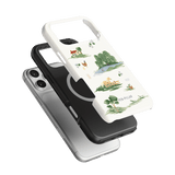 Willow iPhone case featuring a white design with nature illustrations, stacked over a black and clear case.