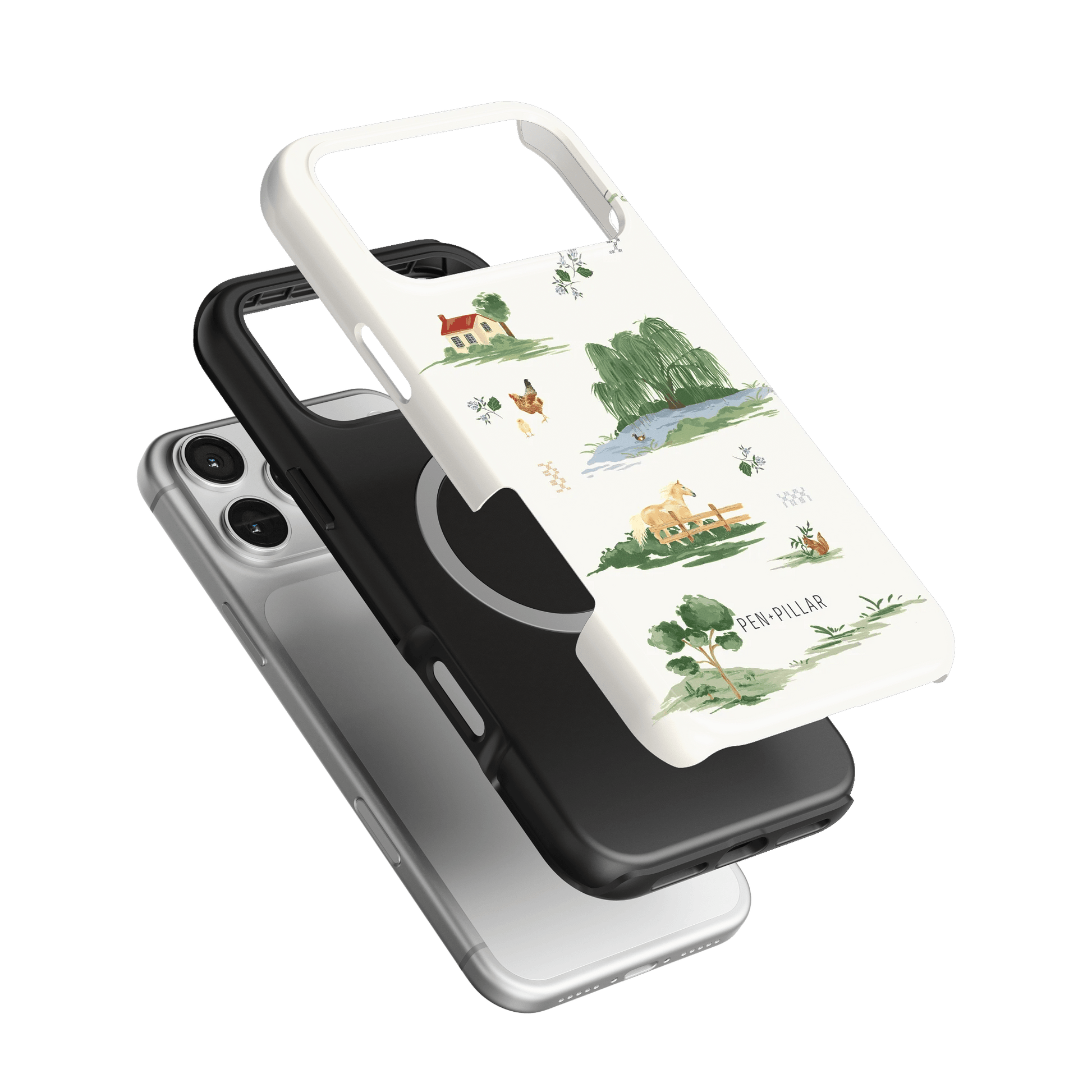 Willow iPhone case featuring a white design with nature illustrations, stacked over a black and clear case.