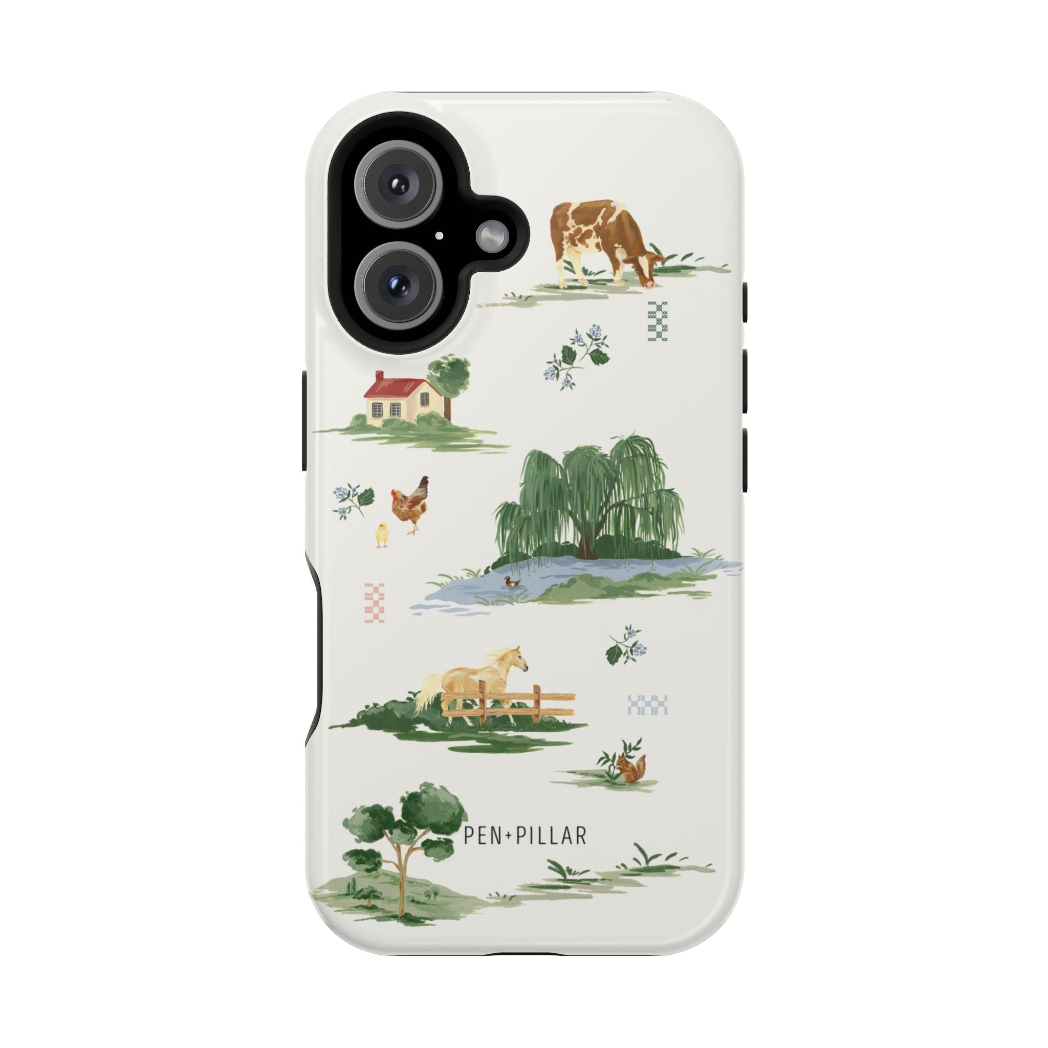 Willow iPhone case featuring a pastoral scene with animals, trees, and a house in soft colors on a light background.