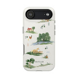 Willow iPhone case featuring a nature scene with a house, trees, animals, and a river on a light background.
