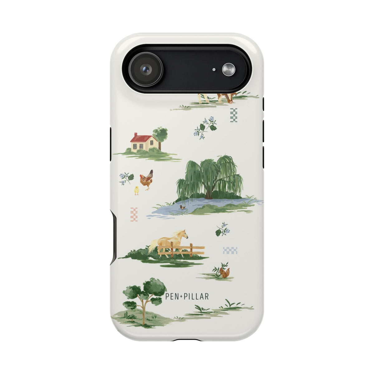 Willow iPhone case featuring a nature scene with a house, trees, animals, and a river on a light background.