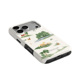Willow iPhone case featuring a landscape design with trees, houses, and water in green and beige colors.