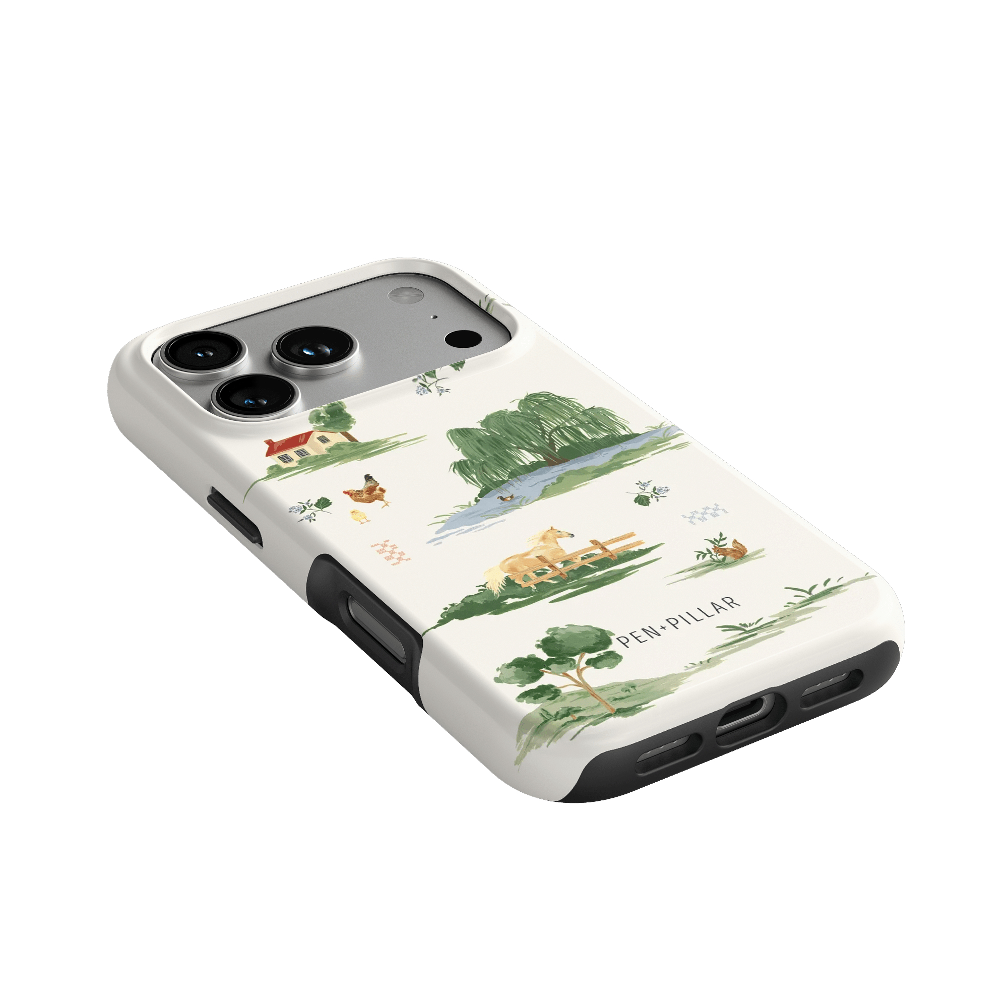 Willow iPhone case featuring a landscape design with trees, houses, and water in green and beige colors.