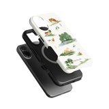 Willow iPhone case featuring a nature-themed design with trees, animals, and a lake on a white background.