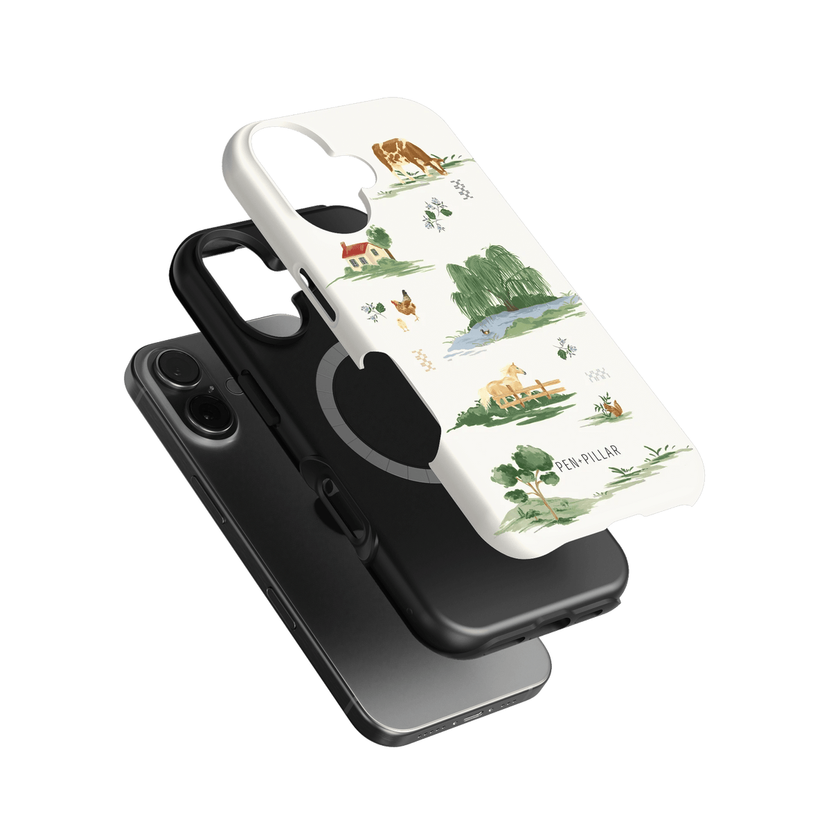 Willow iPhone case featuring a nature-themed design with trees, animals, and a lake on a white background.