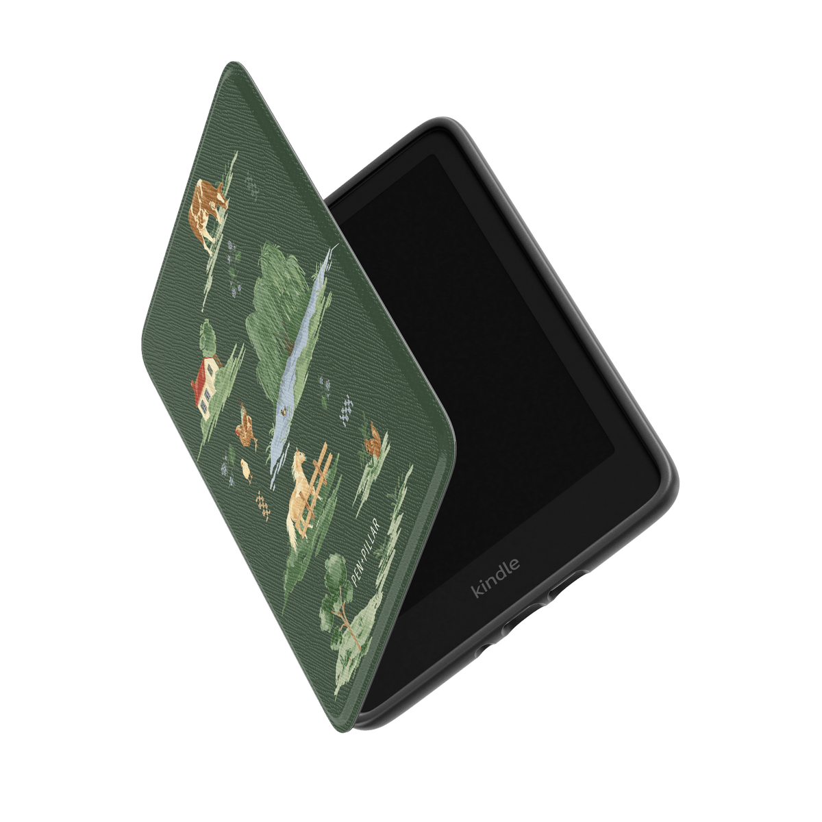 Green textured Kindle case featuring a PEN+PILLAR pastoral landscape illustration with trees, a house, and animals.
