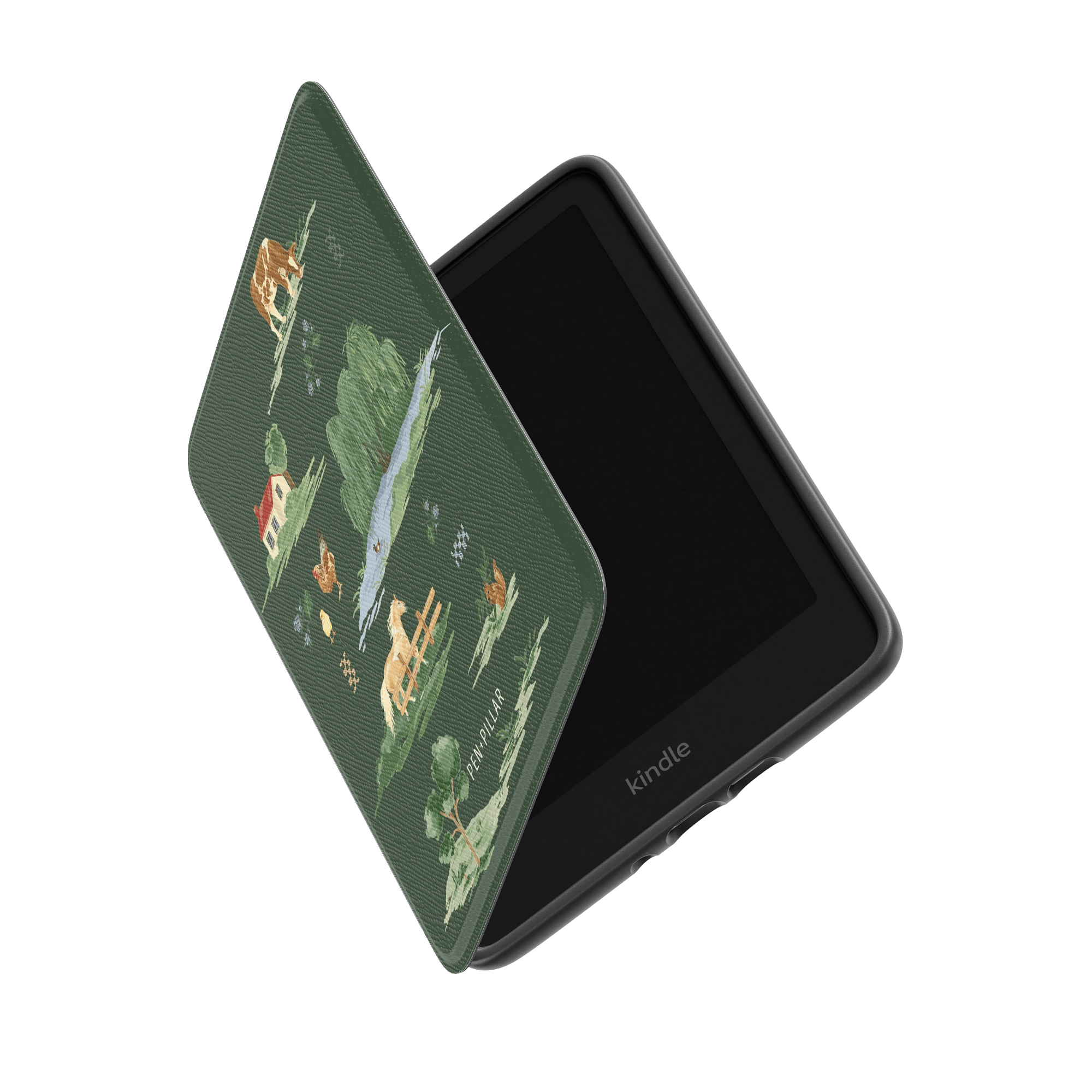 Green textured Kindle case featuring a PEN+PILLAR pastoral landscape illustration with trees, a house, and animals.