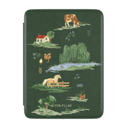Green textured Kindle case featuring farm illustrations of a cow, horse, willow tree, and house with PEN + PILLAR text.