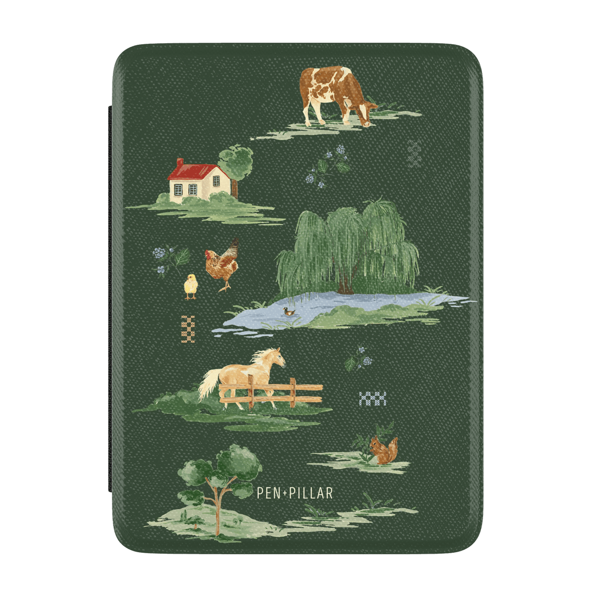 Green textured Kindle case featuring farm illustrations of a cow, horse, willow tree, and house with PEN + PILLAR text.
