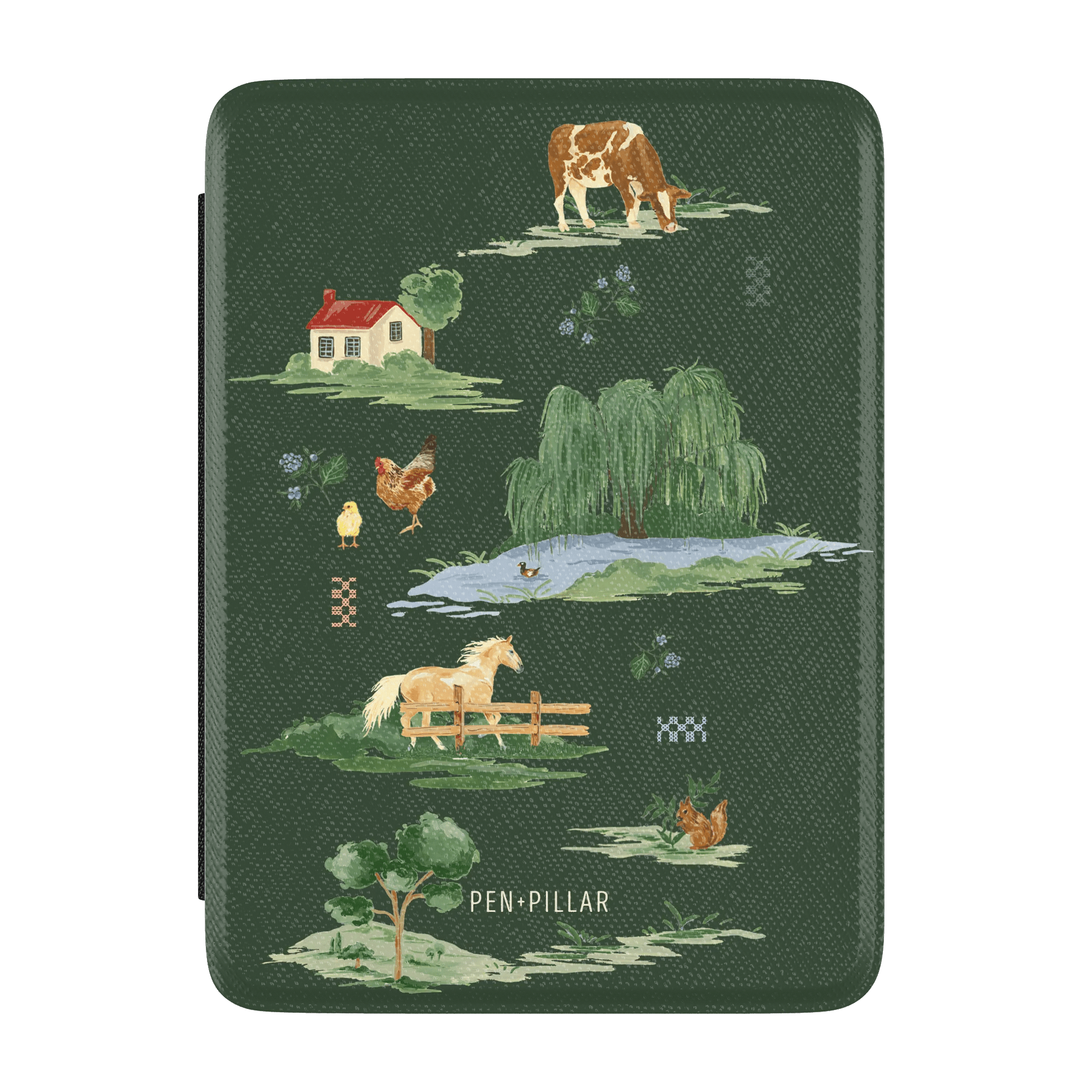 Green textured Kindle case featuring farm illustrations of a cow, horse, willow tree, and house with PEN + PILLAR text.