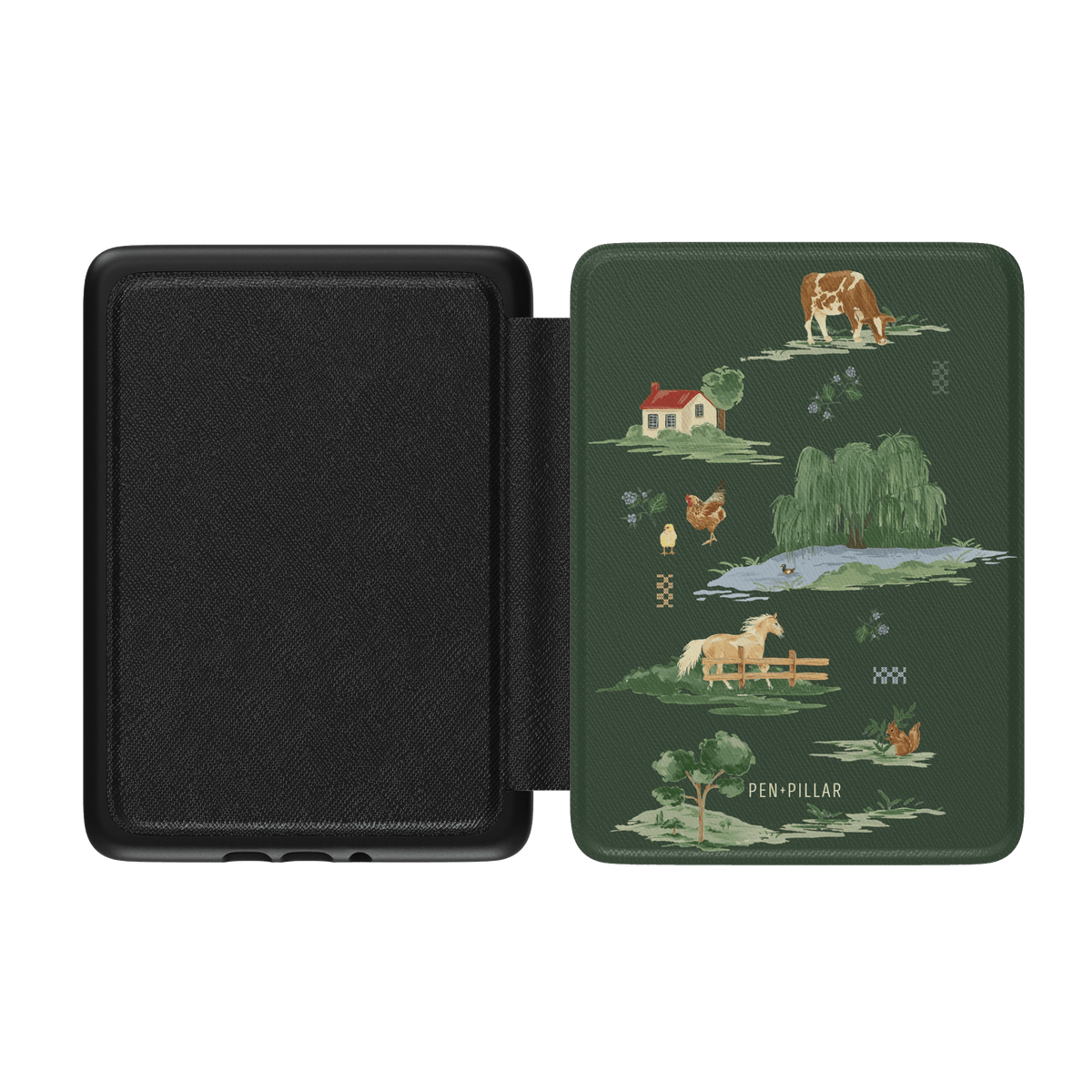 Open dark green Kindle case with a farm scene featuring a cow, horse, and willow tree. Printed with PEN+PILLAR.