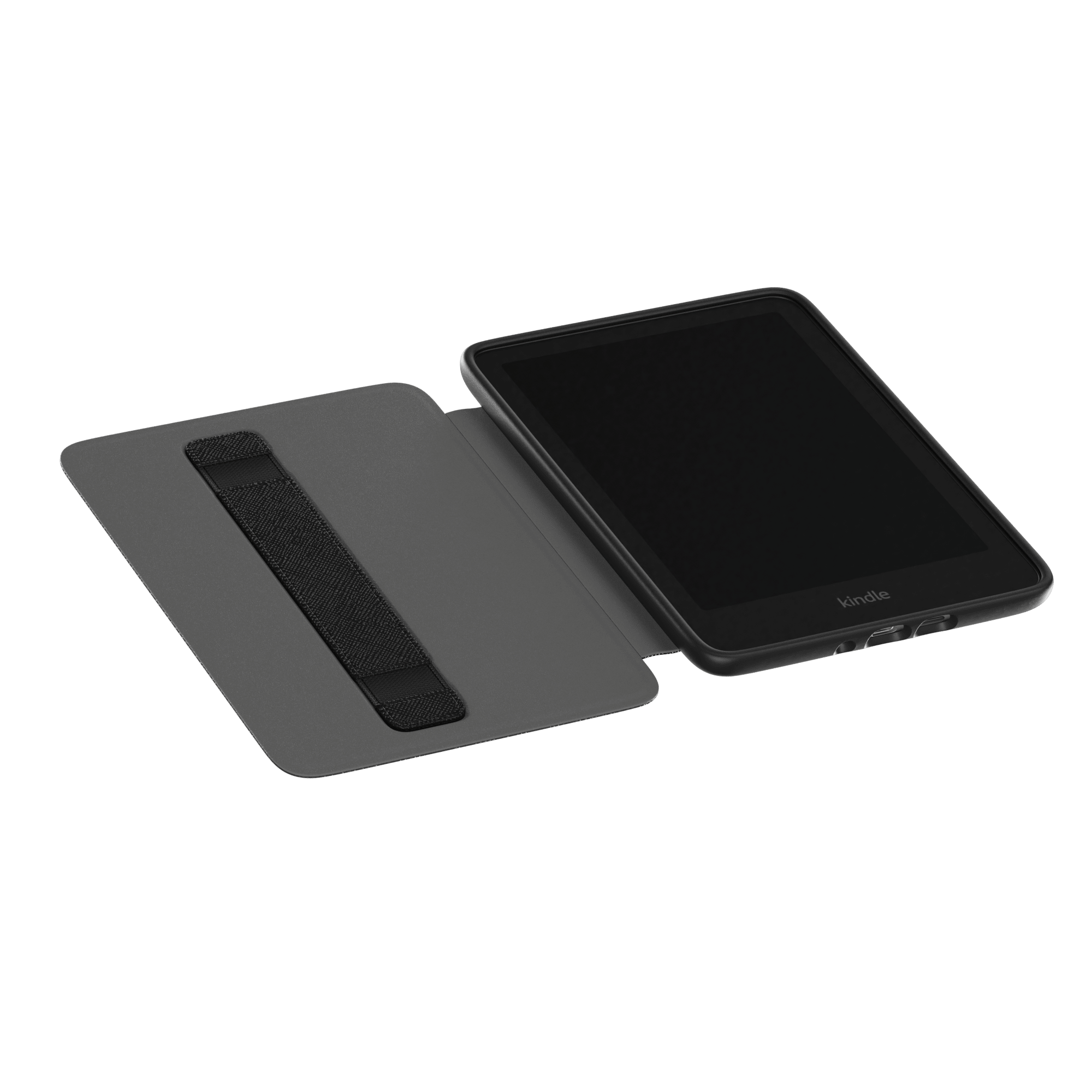Kindle case in black, open to reveal a Kindle device secured with an elastic strap on a green background.