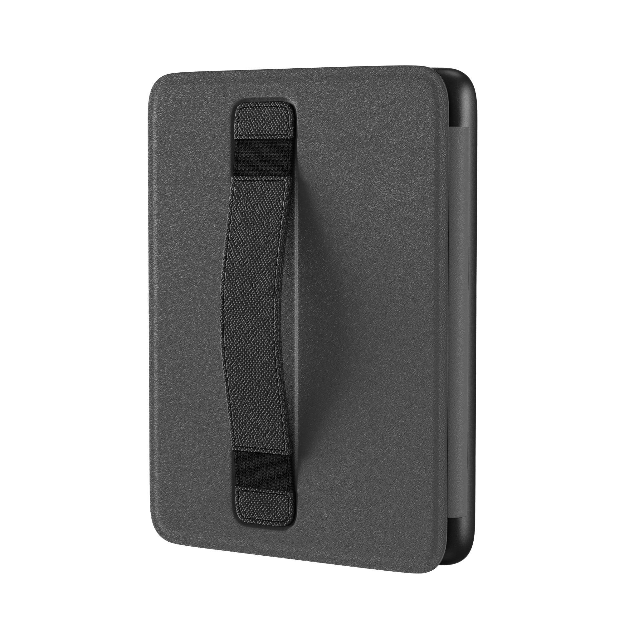 Kindle case in dark gray with a textured strap for secure handling, shown at an angle.