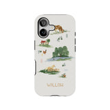 Willow personalized iPhone case featuring a nature design with animals, a house, and a landscape in soft colors.