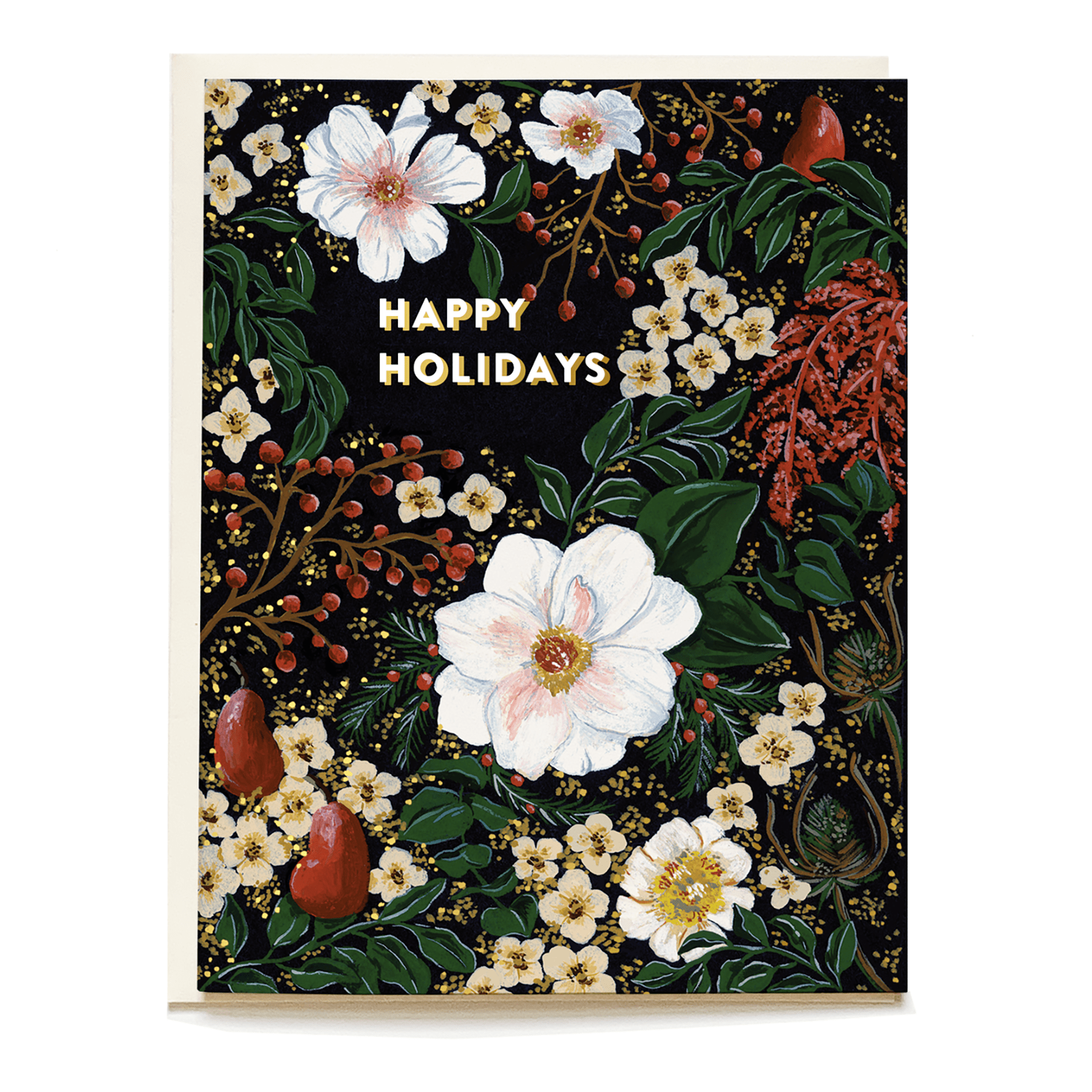 Winter foliage holiday card featuring white flowers, red berries, and gold text saying "Happy Holidays" on a dark background.