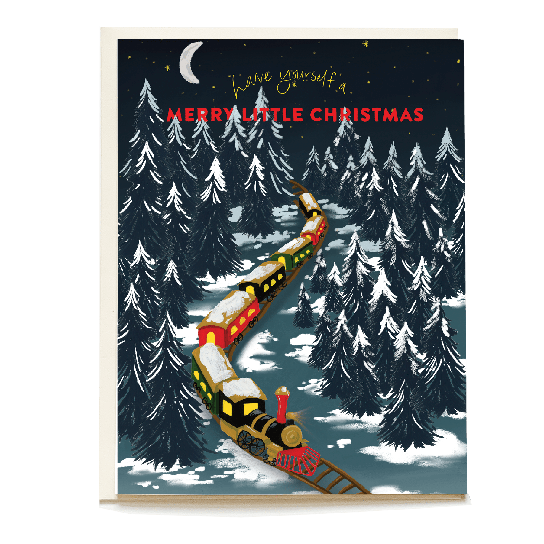 Winter train holiday card featuring a colorful train winding through snowy trees with "Have yourself a merry little Christ...