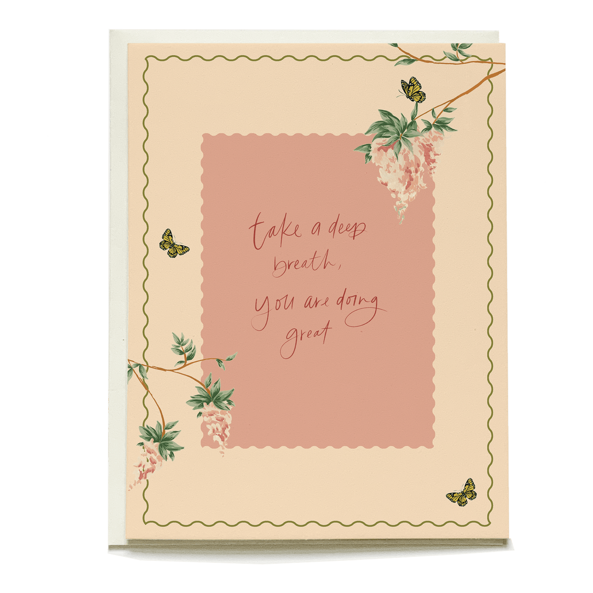 Wisteria sympathy card featuring pink background, floral design, and handwritten message in elegant script.