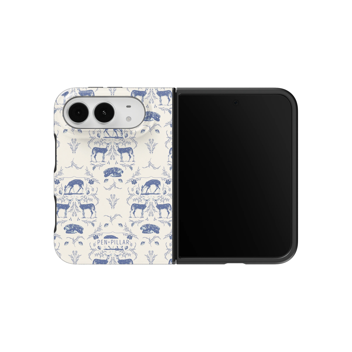 Woodland iPhone 18 Duo case on an unfolded iPhone 18 Duo, back and screen side by side: blue toile of deer and trees on white