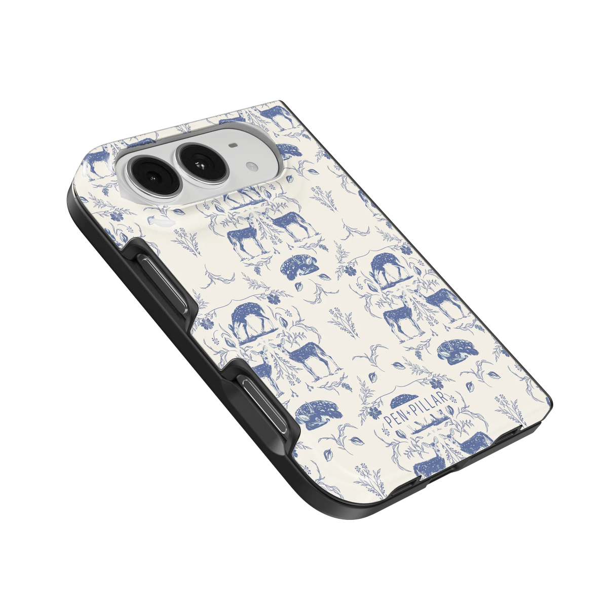 Woodland iPhone 18 Duo case, angled view showing the camera surround and side buttons