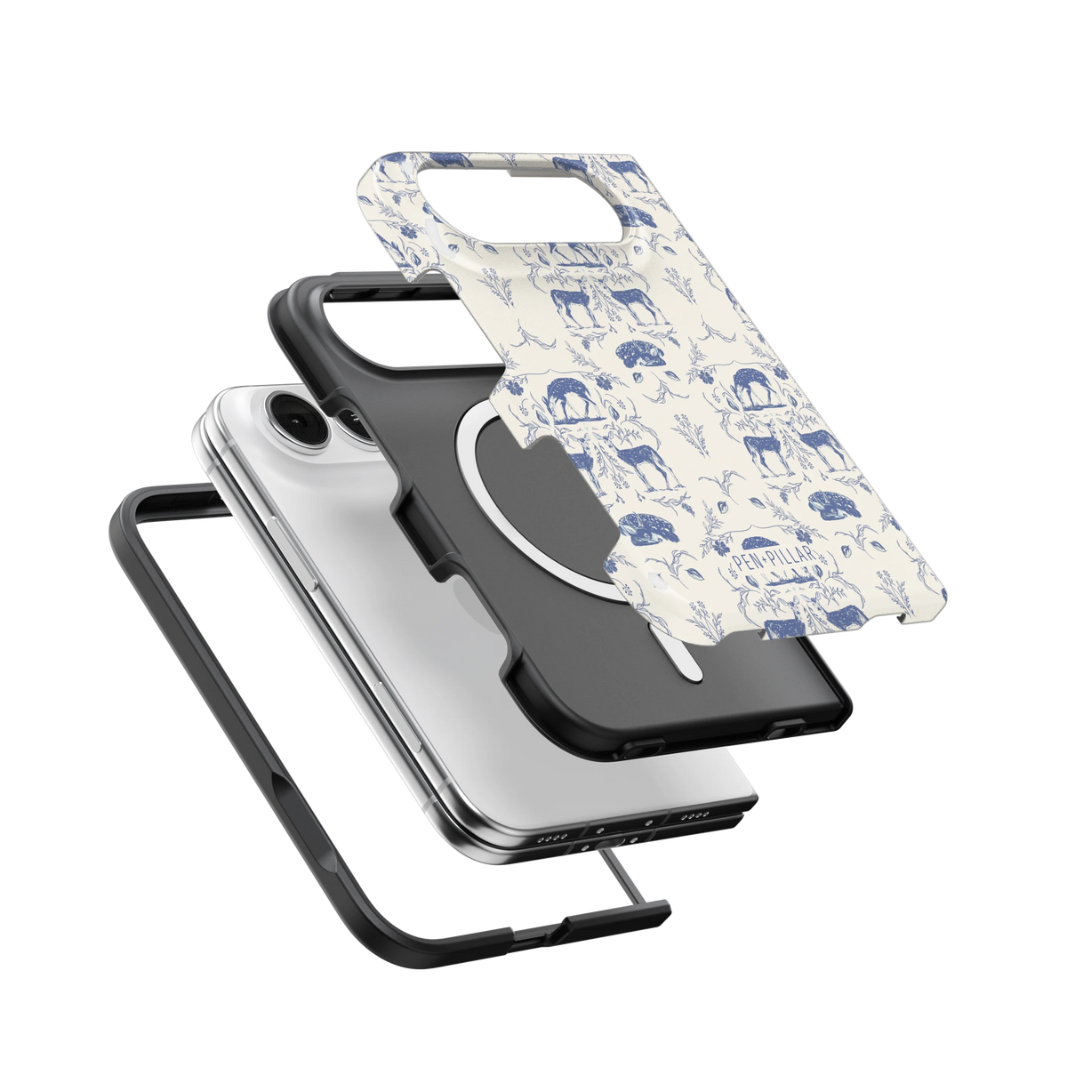 Woodland iPhone 18 Duo case, exploded view of the printed shell, black inner layer with MagSafe ring, and phone