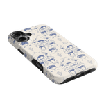 Woodland iPhone case featuring a blue and white forest animal pattern with deer and floral designs.