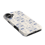 Woodland iPhone case featuring a blue and white forest animal pattern with deer and floral designs.