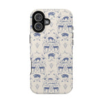 Woodland iPhone case featuring blue animal and floral patterns on a cream background.