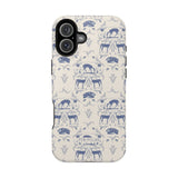 Woodland iPhone case featuring blue animal and floral patterns on a cream background.