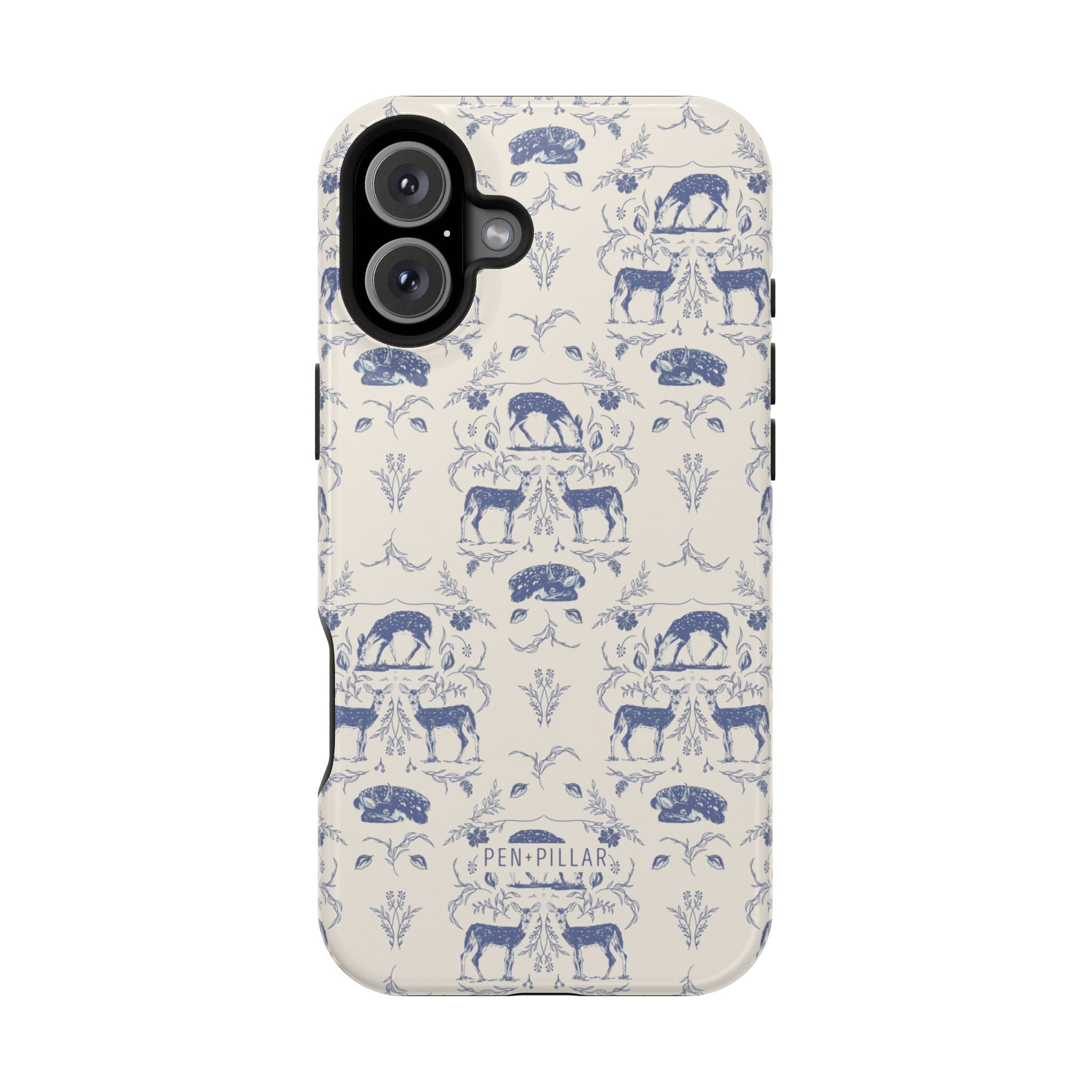Woodland iPhone case featuring blue animal and floral patterns on a cream background.